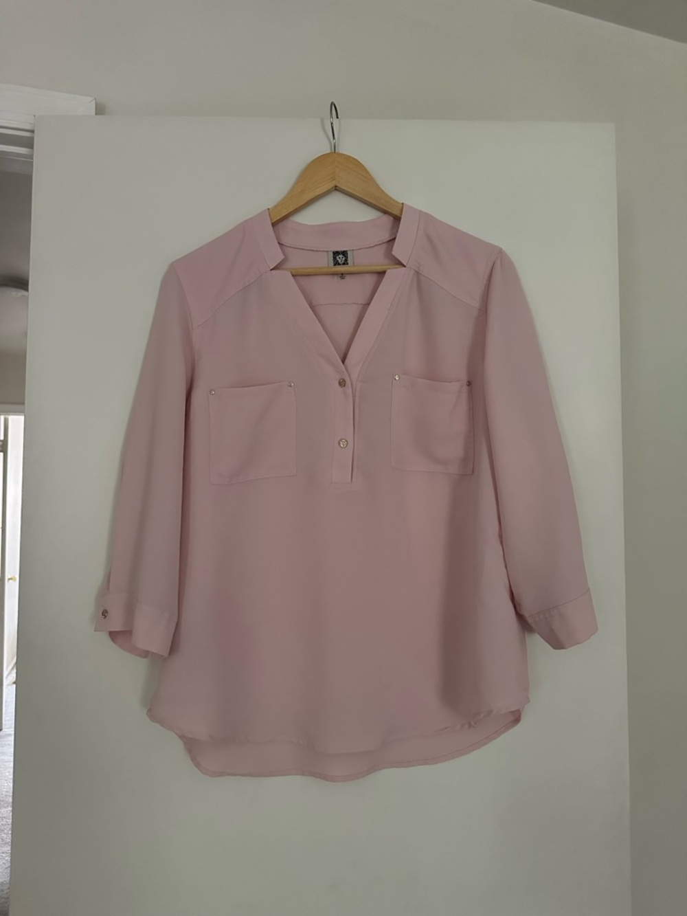 Anne Klein Pale Pink Split-Neck Blouse with Front Pockets